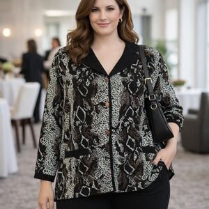 Misook Womens Sweater Plus 1X Black Aqua‎ Snake Reptile Cardigan Artsy Classic